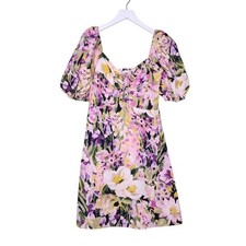 H&M Mini Floral Dress Puff Sleeves Smocked Boho Cottage Bloomcore Lace Up A-Line