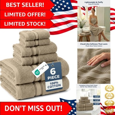 Luxury 6-Piece Bath Towel Set - 100% Zero Twist Cotton in Elegant Taupe