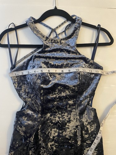 LA FEMME PROM 25734 Crushed Blue Velvet Strappy Back Maxi Dress Gown Sz 0 - Picture 8 of 10