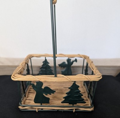 Green Wire & Wicker Small Gift Basket with Handle, Angel, Tree Snowflakes VTG