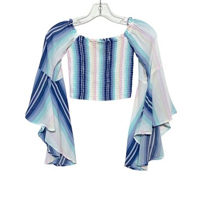 Surf Gypsy Smocked Crop Top L Flowy Bell Sleeves Coastal Beachy Boho Hippie Y2K