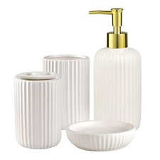 White Gold Bathroom Accessories Set, 4PC Ceramic Bathroom Sets Complete-Tooth...