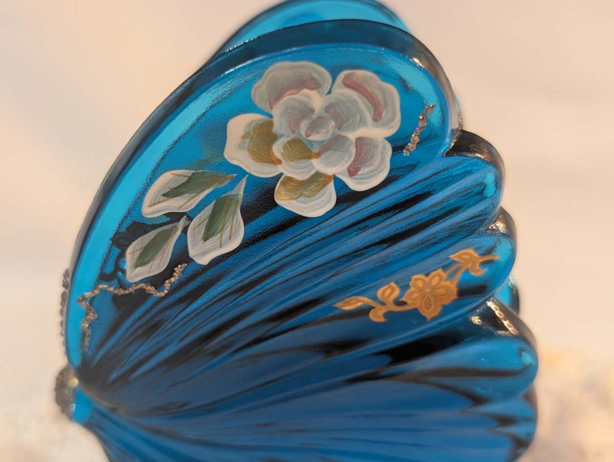 Vintage Fenton Glass Blue Butterfly with Floral Hand Painted