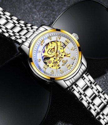 Fashion Men's Skeleton Self-wind Automatic Mechanical Watch Steampunk Gold-black