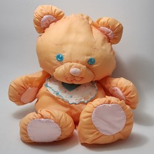 Vintage Fisher Price 1370 Puffalump Teddy Bear Peach Orange Plush Heart Bib 1989