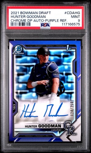 2021 BOWMAN DRAFT CHROME HUNTER GOODMAN PURPLE AUTO /250 PSA 9 MINT SCUFF HOLDER