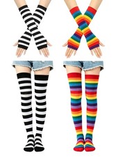2 Set Women's Striped Over Knee Socks Long Knit Arm Warmers for Halloween