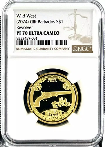 2024 1/4oz Barbados Wild West Revolver Gold Gilt Silver Coin NGC PF70