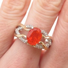 925 Sterling Silver 2-Tone Real Fire Opal  White Topaz Ring Size 9