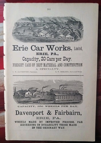 1892 Vintage 2 Erie PA Railroad Picture Ads Davenport Fairbairn Factory Pics
