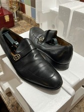 GUCCI Size 10 US Black GG Monogram Leather Strap Slip On Loafers