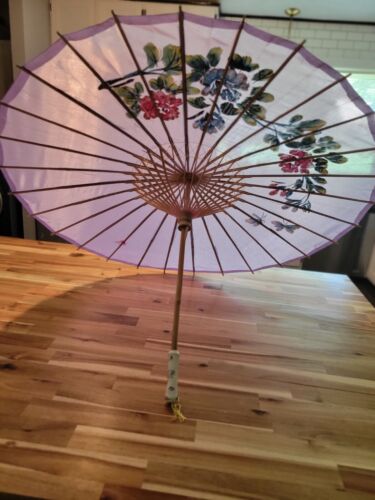Vintage 22" Bamboo & Lavendar Silk Flowers & Butterfly's Parasol / Unbrella - Picture 2 of 10