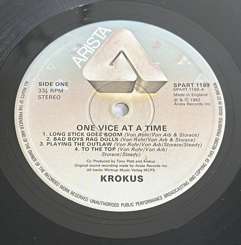 Krokus One Vice At A Time LP  Vinyl  Arista Records 1982 Heavy Metal Ex / Vg+ - Image 4 of 4
