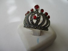 Gorgeous 9 synthetic Ruby crown style sterling silver ring woman marcasite sz 7