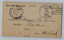 Reeder North Dakota ND 1908 4-Bar Cancel Postcard 1st Year Post Office Operation