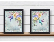 Set of 2 Hummingbirds and Flowers in Spring and Summer Scrapbook Style UNFRAMED 