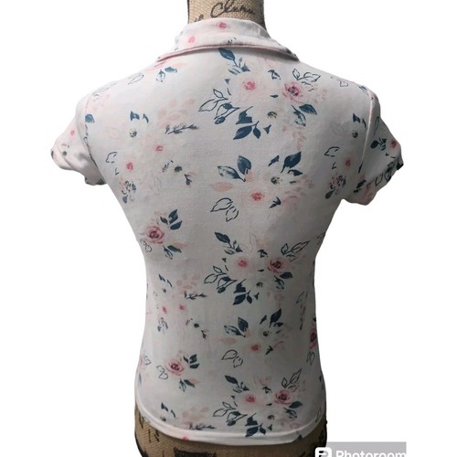 Tahari Girl Floral Pajama Top Button Up Short Sleeve Pink Trim Size 7/8 - Picture 2 of 3