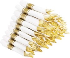 60 Pack Pre-Rolled Napkins with Gold Plastic Silverware, Disposable Cutlery Set