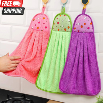 Kitchen Hand Towels With Hanging Loops Soft Coral Velvet Fiber for Bathroom 3pcs