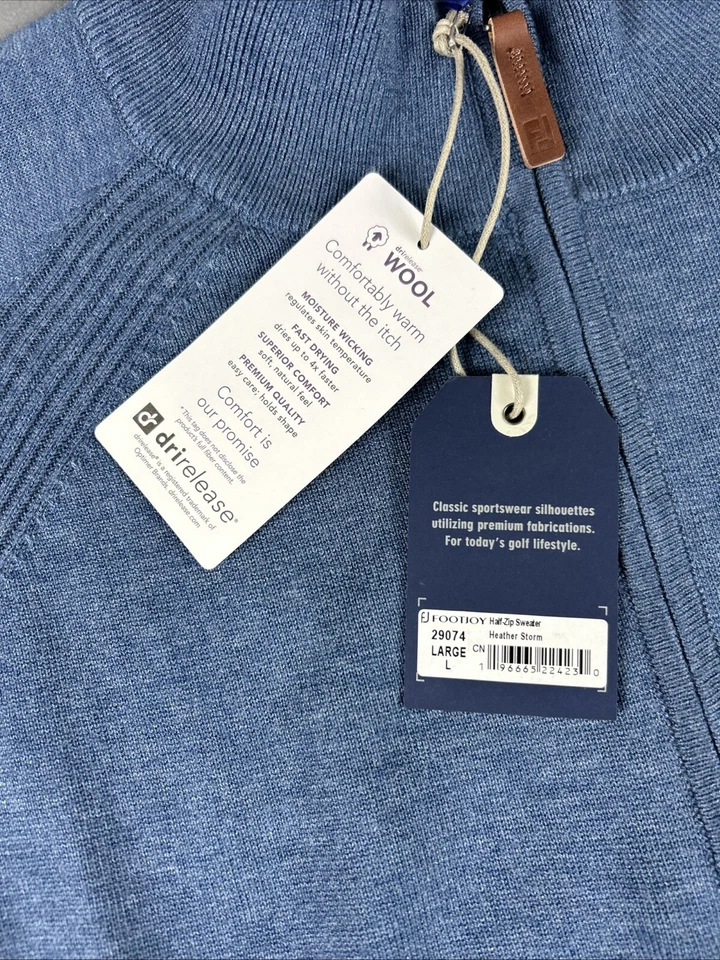 FootJoy Golf Sweater Pullover 1/4 Zip Large Heather Storm Blue Wool MSRP $145 - Image 3 of 4