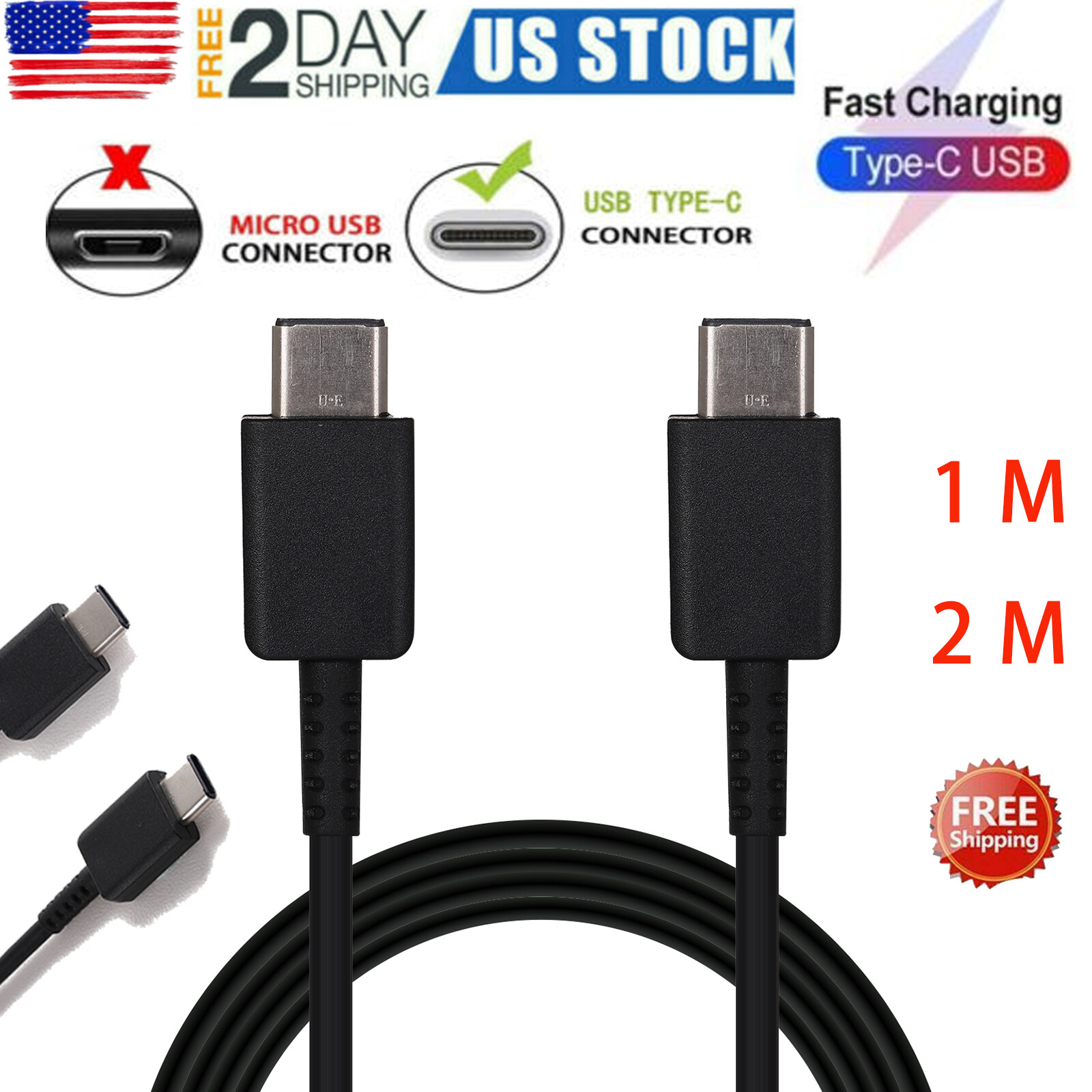 3.3FT 6FT Dual USB to Type-C Fast Charger Cable for Samsung S21 S22