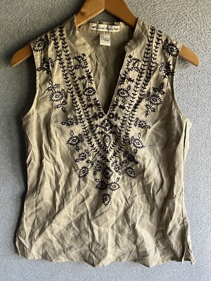 David Brooks Linen Blouse Top Embroidered Boho Small NWOT 