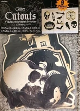 Halloween Glitter Cutouts 9 Pieces Scary Decorations Black And Cream Color