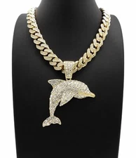 Hip Hop YOUNG DOLPH DOLPHIN Pendant & 12mm 18" Full Iced Cuban Chain Necklace
