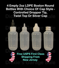 4 EMPTY 2oz LDPE LIQUID DISPENSING BOTTLES, DROPPER TIP, TWIST TOP, SILVER CAP
