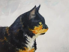 Original Oil Painting Portrait of a Calico Cat 6x8 inches Artist Signature