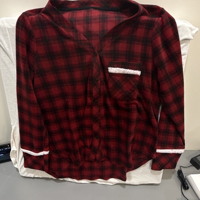 Women's Red/Black/White Plaid Fleece Pajama Set 2pc Long Sleeve L Pockets