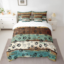Dog Paw Print Comforter Set 7Pcs for Kids, Farmhouse Blue Brown Bedding