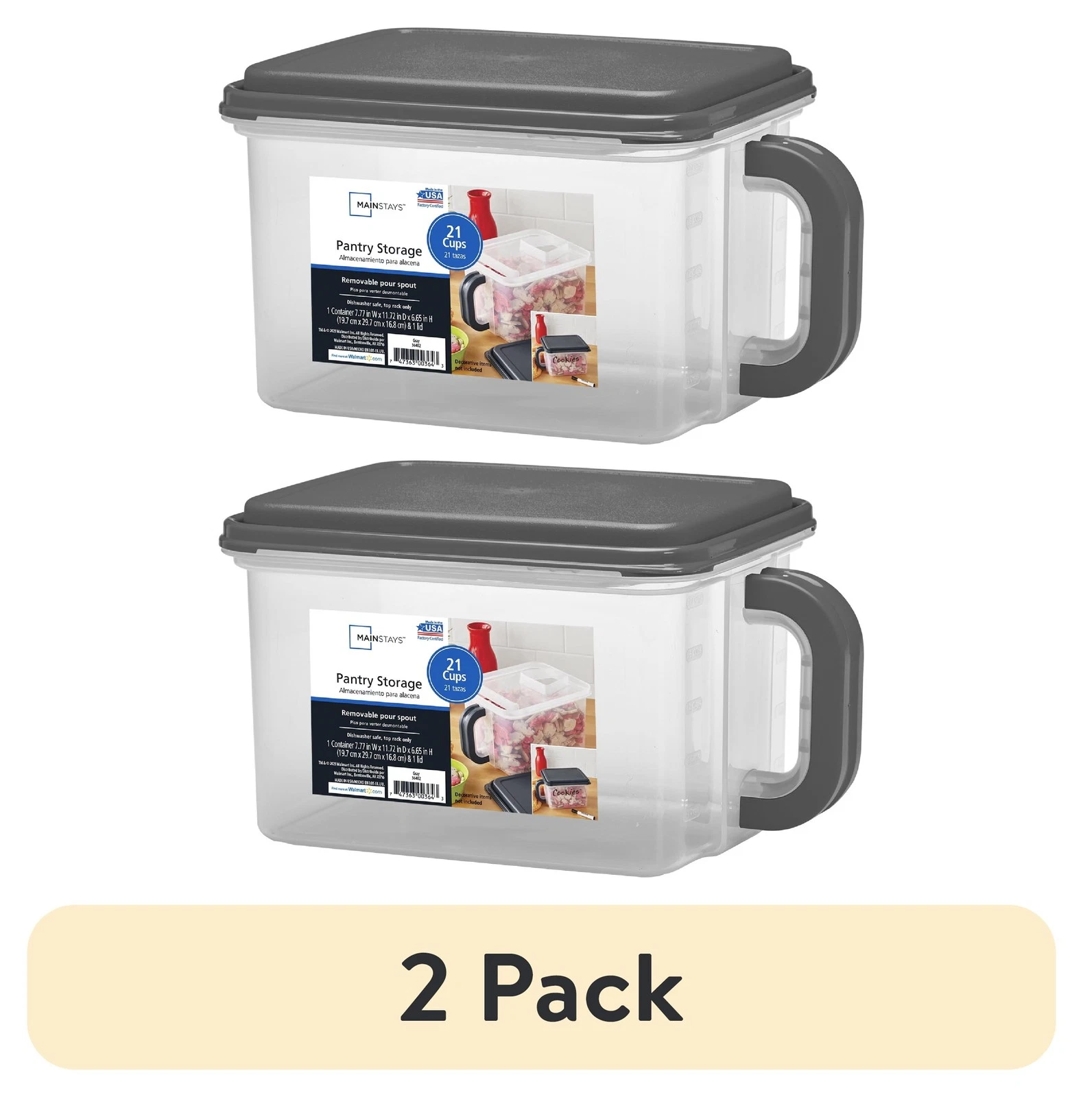 (2 pack Medium Plastic Canister W/ Handle 21 Cups Gray Lid & Handle Made Pantry