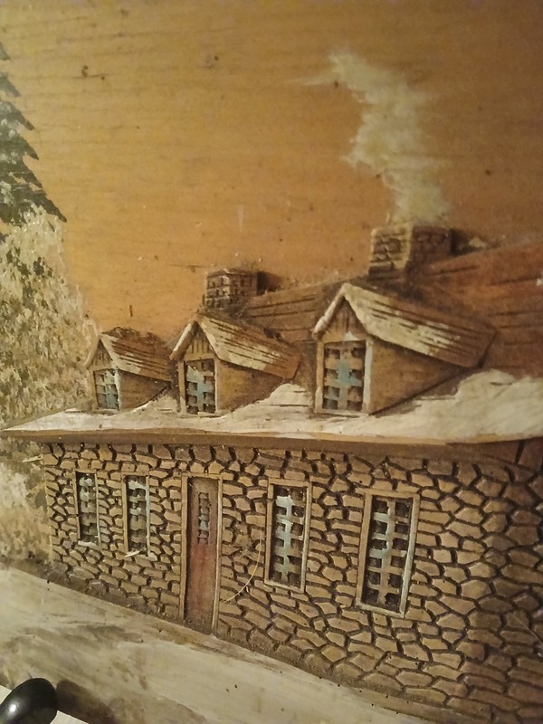 Vintage Intaria Artwork Painting Cabin In The Winter 14"x10" Wood Carved 3-D