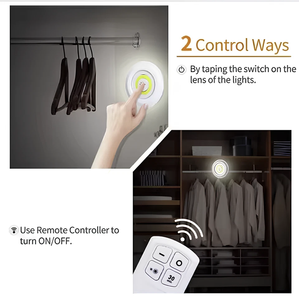 3 FARETTI COB CONTROLLO REMOTO PUNTO LUCE A LED LAMPADA ARMADIO CON TELECOMANDO - Immagine 2 di 4