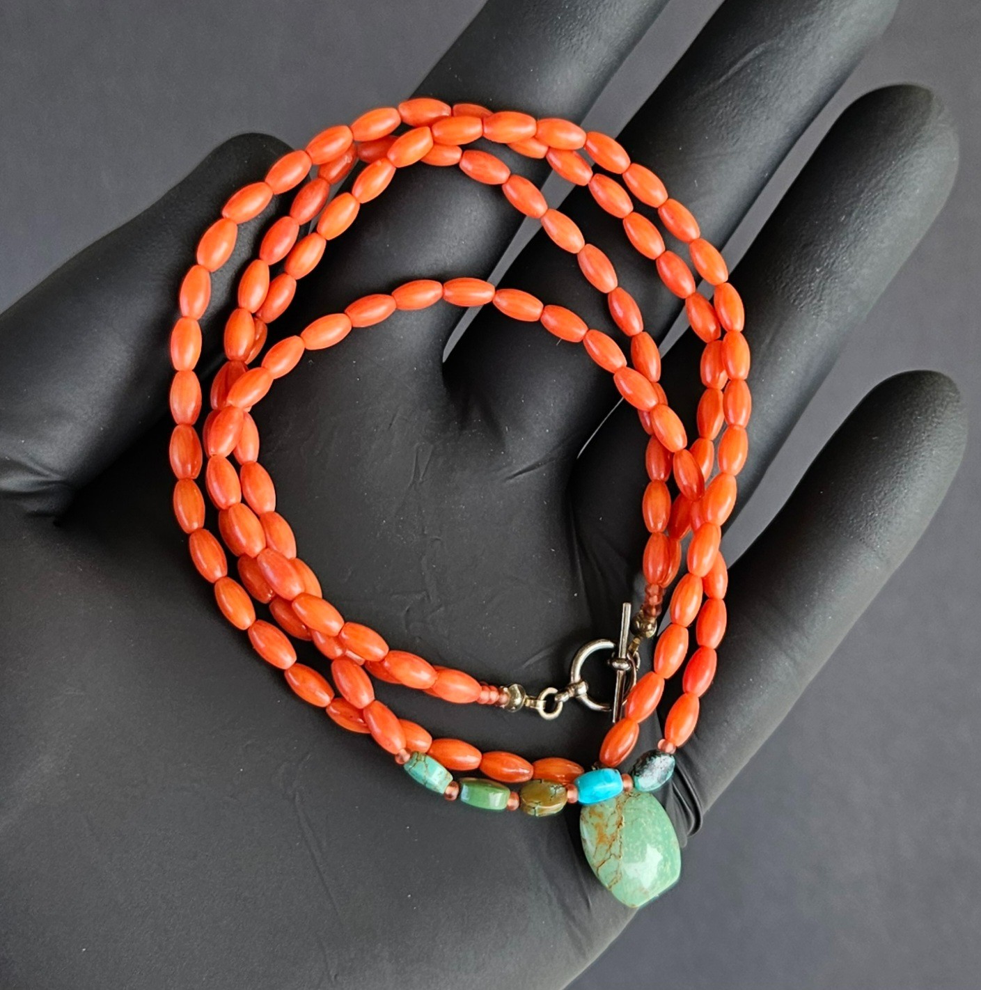 Vintage Natural Undyed Red Coral & Turquoise Bead Necklace Sterling Silver Clasp