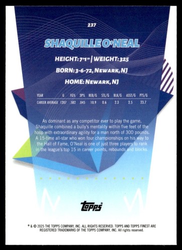 2024-25 Topps Finest Rare Purple Refractor Shaquille O'Neal 005/125 #237 - Picture 2 of 2