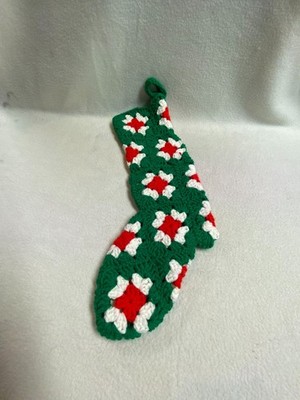 Hand Crocheted 16'' Granny Square Christmas Stocking (White/Red/Green)