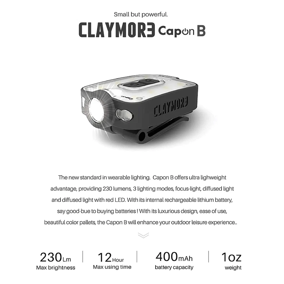 Claymore Capon 40B Luz Tapa Clip-On Roja &#8211; USB-C Recargable 230LM... Fas Foto 2 de 4
