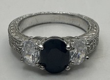 Black Sapphire  White Cubic Zirconia Ring Size 7 Silver tone Band W/ Box