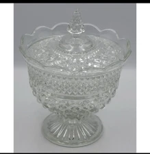 VTG Pressed Glass Large Lidded Pedestal Compote Candy Jar 9"t x 8"w