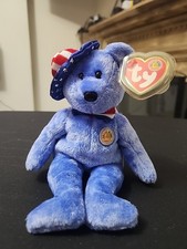 TY Beanie Babies of the Month Founders Lite Blue w/Hat Plush Bear DOB July 2005