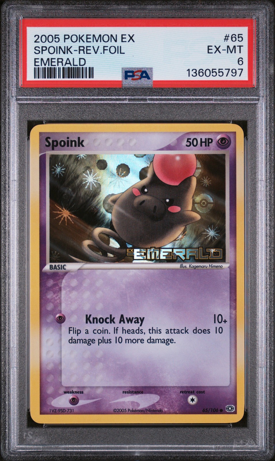 2005 POKEMON EX EMERALD #65 SPOINK-REVERSE FOIL PSA 6