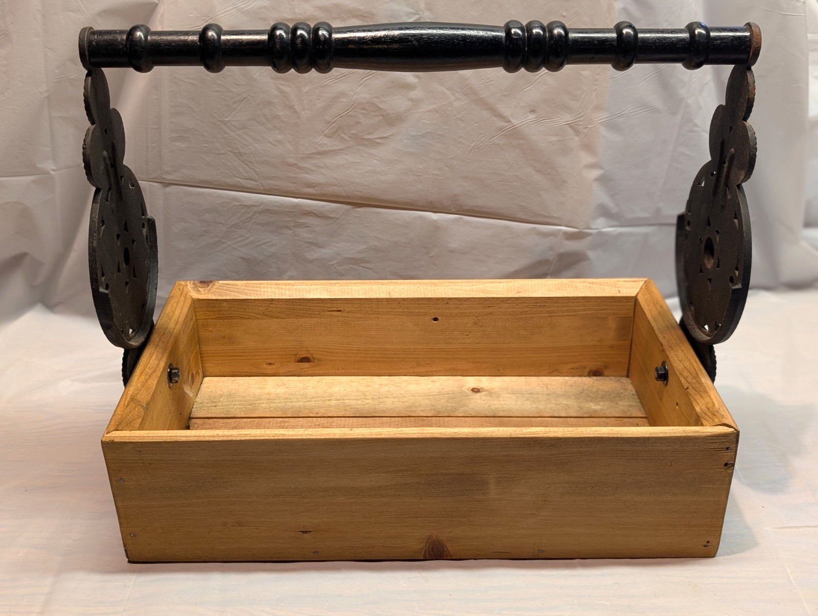 WI Barn Antique Cast Iron New Wood Box Caddy Utensils Flowers Napkin Country