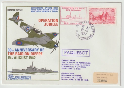 19/8/1972 UK GB Flown Cover - The Raid on Dieppe - Supermarine Spitfire MKIX