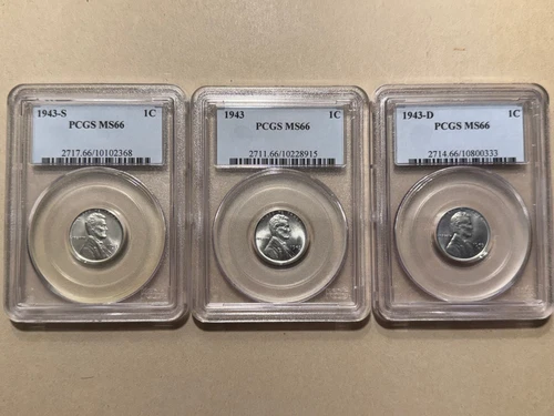 1943 PDS Steel Penny Set of 3 Coins ALL PCGS MS66 Gem Uncirculated