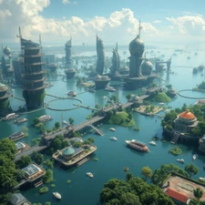 Digital Picture of artificial modern cityscape over clouds digtal printable file