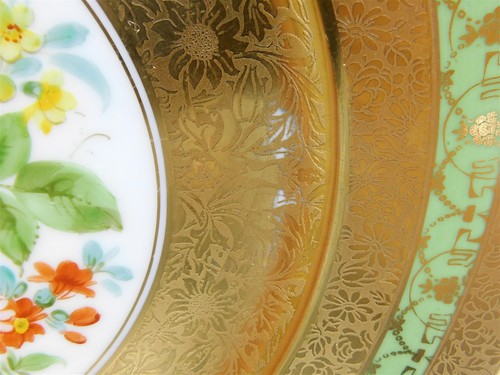 8 Royal China Limoges France HP Green Floral 22k Gold Rims 10.75" Cabinet Plates - Picture 11 of 17