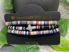3 PC Set Heishi 7  Plus Stretch Bracelet Polymer Clay Beads Cross B3494