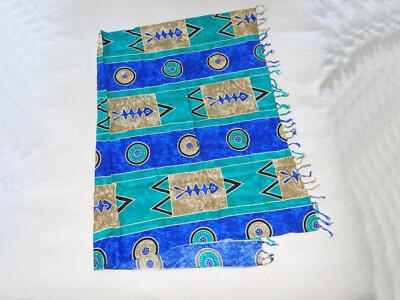 Rayon Batik Sarong Beaded Fringe Pareo Cover Up Wrap Blue Green NWOT Geometric